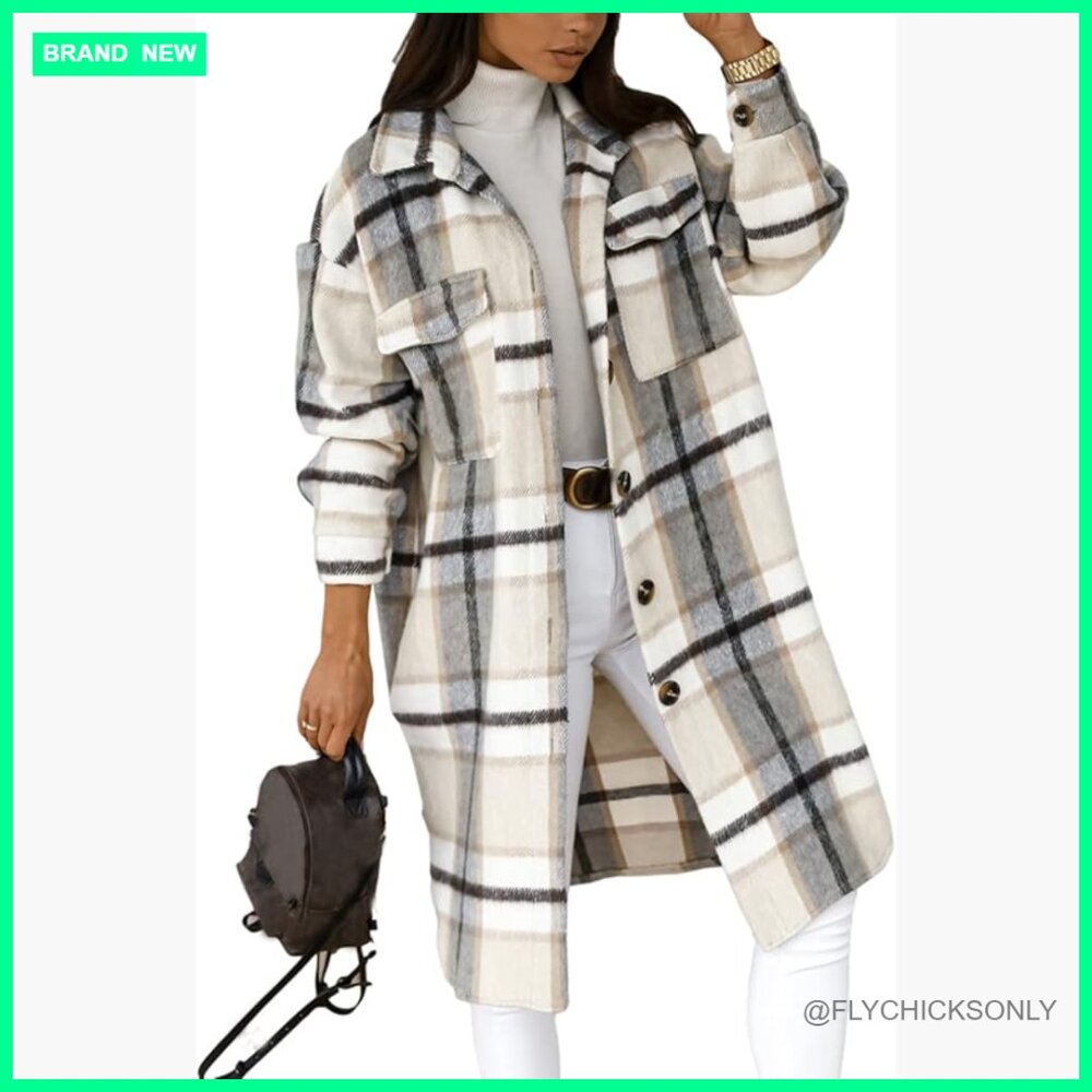 Polyester Blend Oversized Long Plaid Shacket Jack… - image 1
